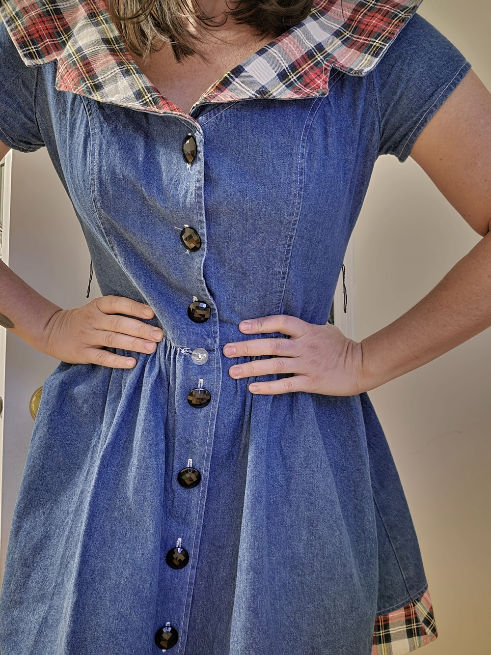 Vintage 90s Denim Mini Dress Plaid Collar Grunge Doll USA Cotton Large